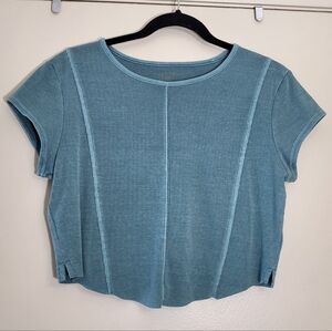 Arizona Blue Ribbed Cropped Baby Tee Size Large Raw Hem Cool Stitching